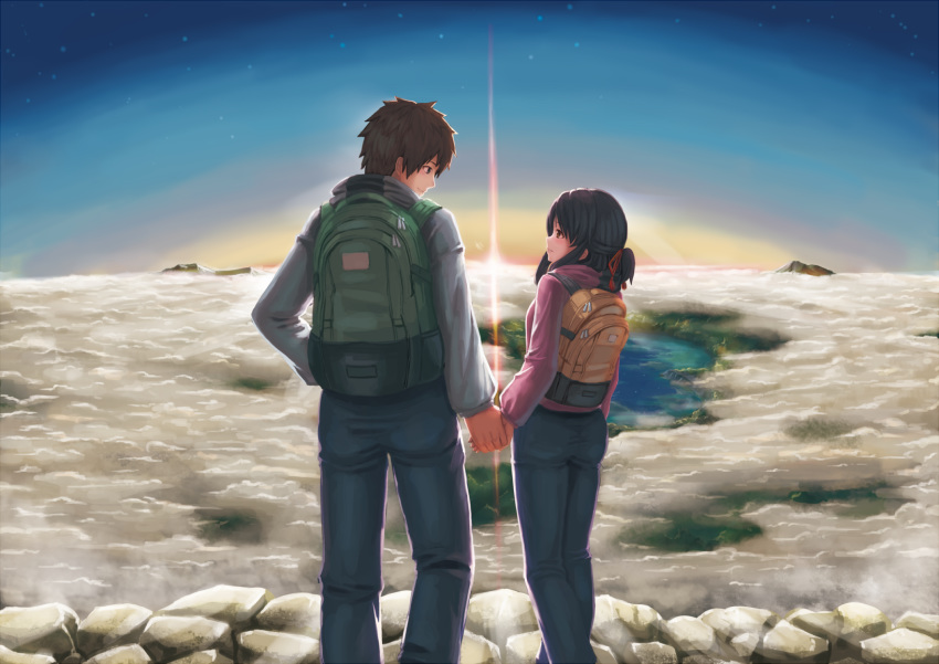 1boy 1girl backpack bag black_hair brown_backpack brown_hair castlevania cloud commentary_request denim green_backpack highres holding_hands it_was_a_long_and_painful_fight jacket jeans kimi_no_na_wa. looking_at_another miyamizu_mitsuha pants parody ranma_(kamenrideroz) spoilers sunset tachibana_taki