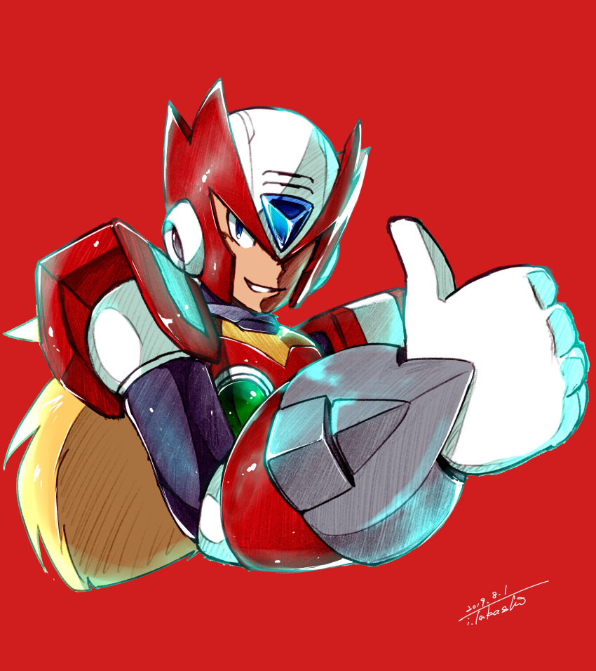 1boy absurdres android blue_eyes green_eyes helmet highres i.takashi red_background rockman rockman_x smirk solo thumbs_up upper_body zero_(rockman)