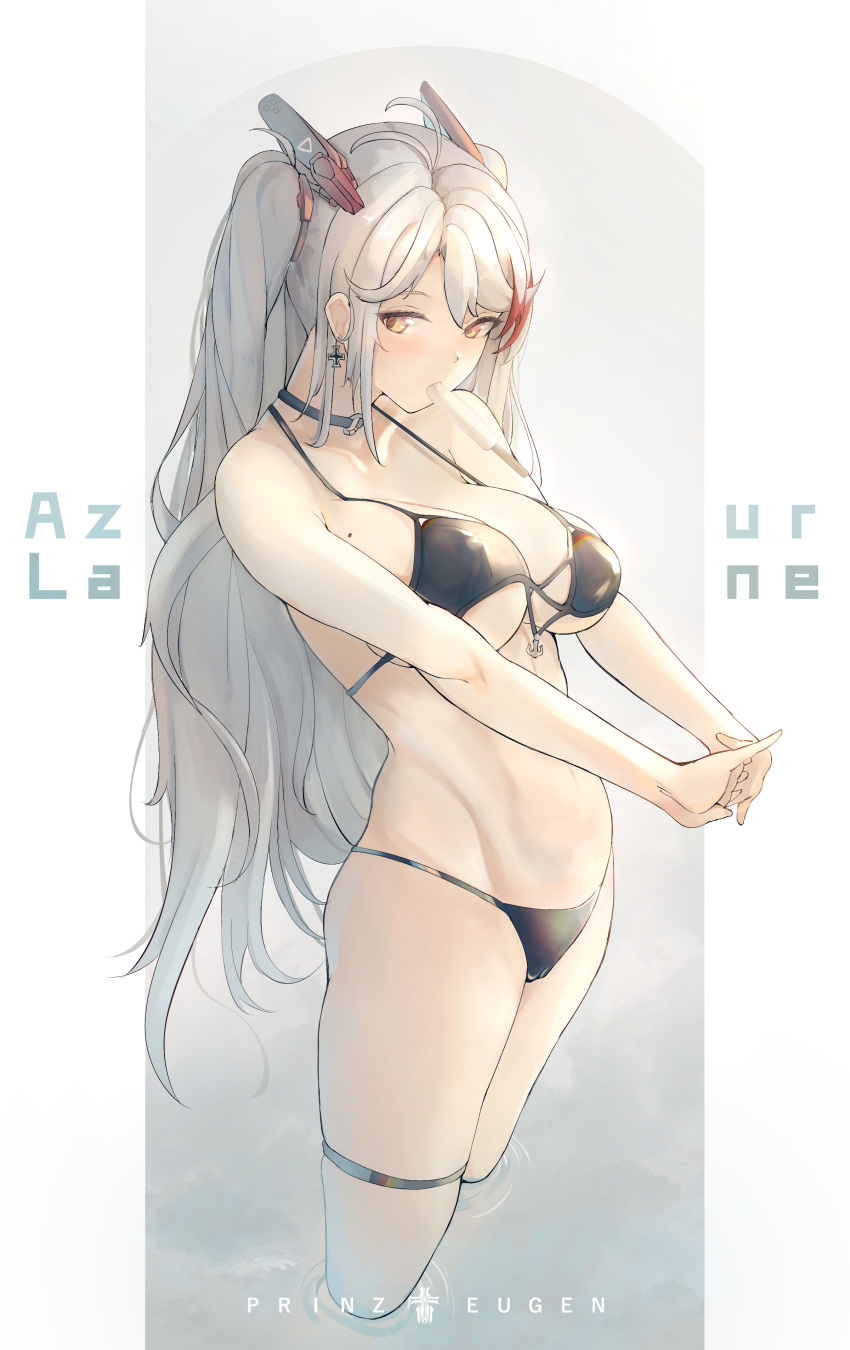 1girl absurdres anchor_symbol antenna_hair azur_lane bangs bikini black_bikini black_choker blush breasts brown_eyes character_name choker cross cross_earrings earrings flag_print food german_flag_bikini groin hands_together headgear highres iron_cross jewelry large_breasts long_hair looking_at_viewer mole mole_on_breast mouth_hold multicolored_hair popsicle prinz_eugen_(azur_lane) prinz_eugen_(unfading_smile)_(azur_lane) revision ribbon side-tie_bikini silver_hair solo stomach streaked_hair swept_bangs swimsuit thigh_strap thighs two_side_up very_long_hair wading yusha_(m-gata)