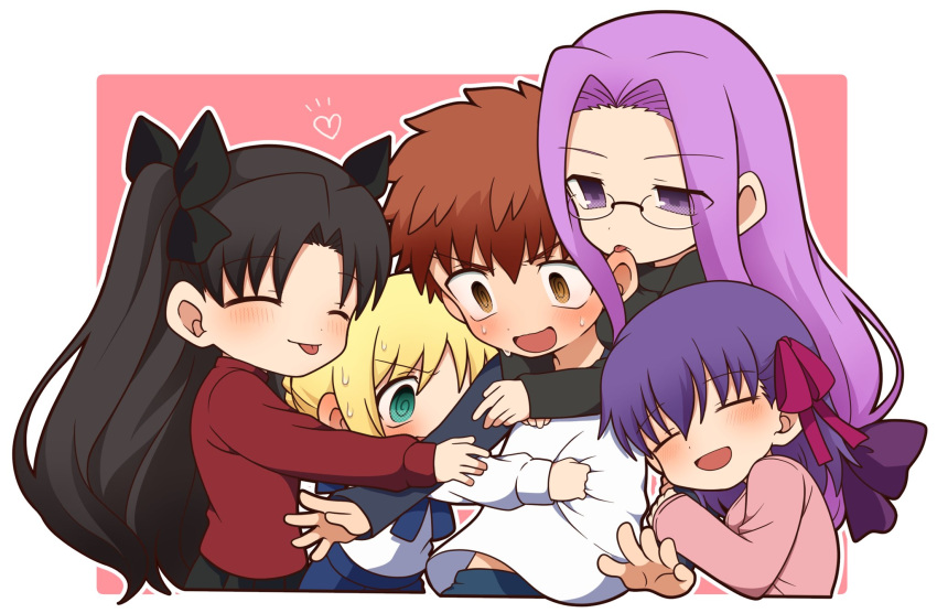 1boy 4girls ahoge artoria_pendragon_(all) black_hair black_legwear black_skirt black_sweater blonde_hair blue_eyes blush breasts chibi denim emiya_shirou fate/stay_night fate_(series) glasses green_eyes hair_ribbon harem highres jeans large_breasts long_hair matou_sakura multiple_girls orange_hair pants pleated_skirt purple_eyes purple_hair red_ribbon red_sweater ribbon rider saber skirt smile sweater thighhighs tohsaka_rin tsubuta_hiro two_side_up very_long_hair yellow_eyes zettai_ryouiki