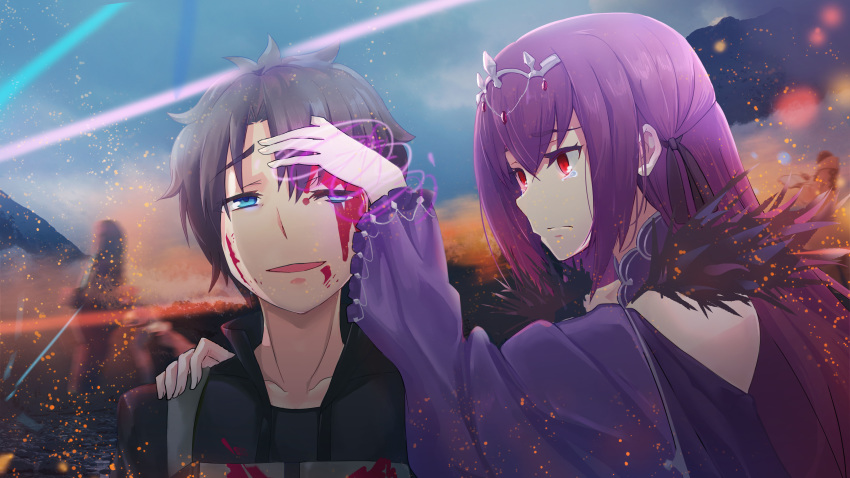 1boy 1girl absurdres black_jacket blood blood_on_face bloody_clothes blue_eyes dress fate/grand_order fate/prototype fate/prototype:_fragments_of_blue_and_silver fate_(series) feather_trim fujimaru_ritsuka_(male) fur-trimmed_dress fur_trim hair_between_eyes headpiece highres injury jacket mark_teo mash_kyrielight ortenaus paracelsus_(fate) polar_chaldea_uniform purple_dress purple_hair red_eyes scathach_(fate)_(all) scathach_skadi_(fate/grand_order) shield tearing_up tears tiara