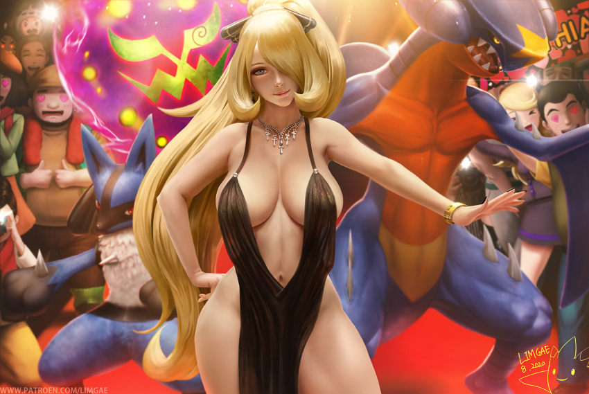 1girl alternate_costume bare_arms bare_hips bare_shoulders black_dress blonde_hair bracelet breasts brown_eyes center_opening cleavage closed_mouth collarbone cowboy_shot crowd dated dress evening_gown garchomp gen_4_pokemon hair_over_one_eye hand_on_hip heart heart_eyes high_ponytail jewelry large_breasts limgae long_hair looking_at_viewer lucario navel outstretched_arm pelvic_curtain pokemon pokemon_(creature) pokemon_(game) pokemon_dppt red_carpet shirona_(pokemon) signature sleeveless sleeveless_dress smile solo_focus spiritomb thighs togekiss very_long_hair watermark web_address