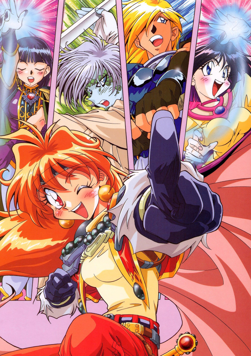 1990s_(style) 2girls 3girls amelia_wil_tesla_seyruun amulet araizumi_rui arm_up armor bangs bead_necklace beads blonde_hair blue_eyes blue_skin blunt_bangs blush cape closed_eyes earrings fingerless_gloves fur_trim gloves gourry_gabriev hair_over_one_eye headband highres holding holding_sword holding_weapon jewelry lina_inverse long_hair looking_at_viewer magic multiple_girls necklace official_art one_eye_closed open_mouth outstretched_arm pale_skin panels pauldrons pointing pointing_at_viewer purple_gloves purple_hair red_hair short_hair shoulder_armor silver_hair slayers sword sylphiel_nels_lahda weapon zelgadiss_graywords