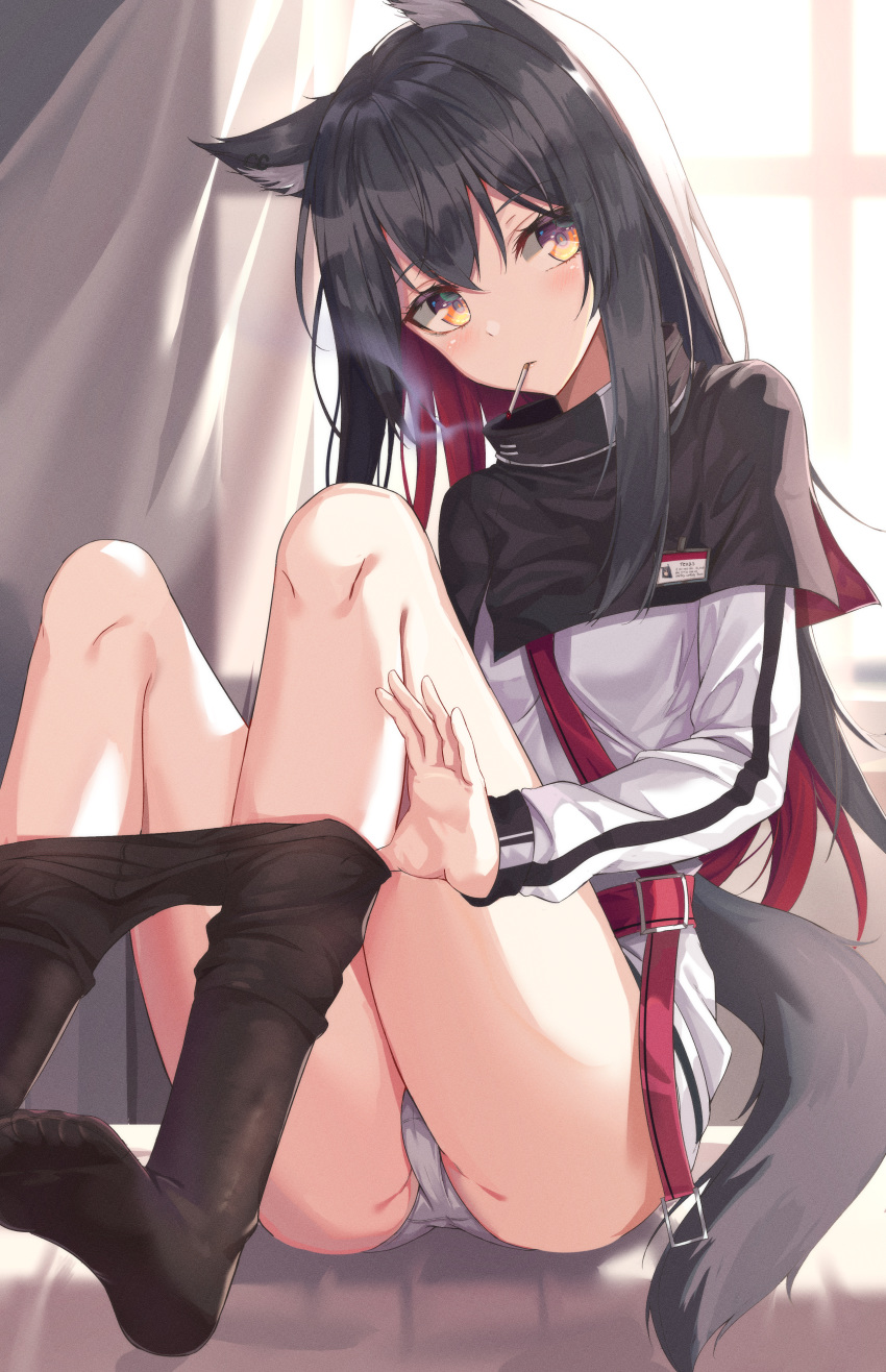 1girl absurdres animal_ears arknights ass backlighting bangs belt black_capelet black_hair black_legwear capelet cigarette commentary_request curtains eyebrows_visible_through_hair grey_panties highres huge_filesize id_card indoors knees_up long_sleeves mouth_hold multicolored_hair no_shoes orange_eyes panties pantyhose pantyhose_pull red_hair sitting smoke smoking so_myeolchi solo tail texas_(arknights) two-tone_hair underwear undressing window wolf_ears wolf_girl wolf_tail