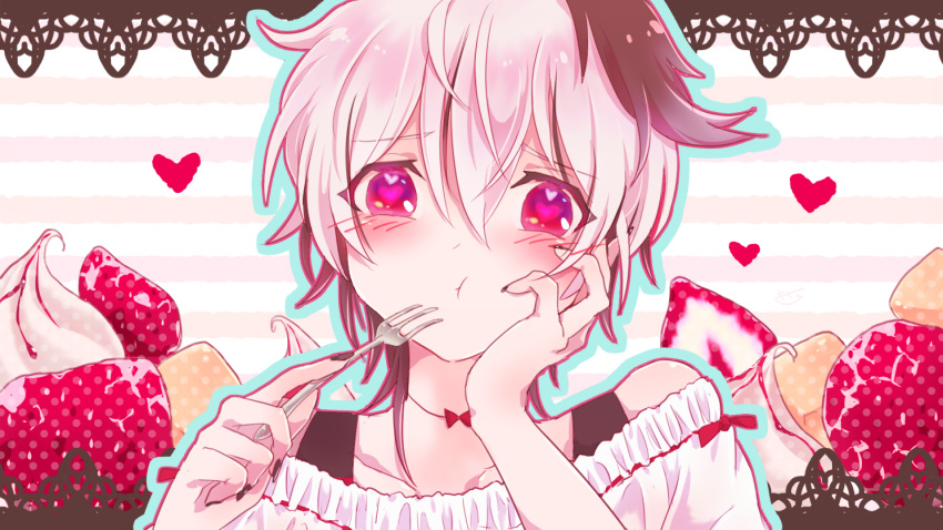 1girl commentary cream dress eating flower_(vocaloid) food fork frilled_dress frills fruit furrowed_eyebrows hand_on_own_cheek heart heart_eyes highres holding holding_fork kisalaundry lace_background looking_at_viewer multicolored_hair portrait purple_eyes purple_nails short_hair solo strawberry streaked_hair striped striped_background sweets v_flower_(vocaloid4) vocaloid white_dress white_hair