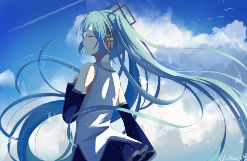 1girl aqua_hair bare_shoulders bird black_skirt black_sleeves blue_sky closed_eyes cloud commentary cowboy_shot day detached_sleeves floating_hair from_behind grey_shirt hair_ornament hand_on_own_chest hatsune_miku headphones highres long_hair miniskirt noneon319 outdoors pleated_skirt seagull shirt sidelighting skirt sky sleeveless sleeveless_shirt solo twintails twitter_username very_long_hair vocaloid