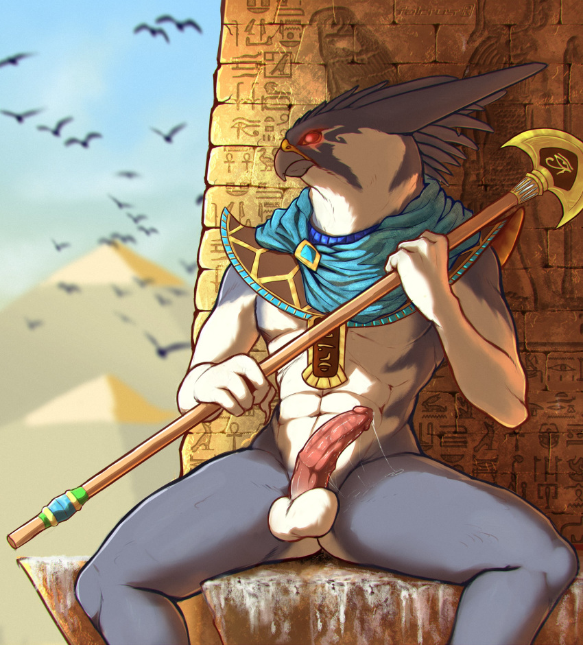 2020 4_fingers abs absurd_res ambient_bird anthro aroused athletic athletic_anthro athletic_male avian balls beak bird blue_clothing blue_topwear blurred_background bodily_fluids bottomless clothed clothing day deity digital_media_(artwork) egyptian egyptian_clothing egyptian_mythology erection exposed falcon falconid falcrus falcrus_(character) fan_axe feathers fierce fingers front_view frown genital_fluids genitals glans glowing glowing_eyes grey_beak grey_body grey_ears grey_feathers grey_skin heiroglyphs hi_res holding_object holding_polearm holding_weapon looking_aside male medial_ring melee_weapon middle_eastern_mythology multicolored_body multicolored_skin mythology outside penis peregrine_falcon pink_penis pinup polearm pose precum precum_string pyramid pyramids red_sclera sitting solo spread_legs spreading tapering_penis topwear two_tone_body two_tone_skin weapon white_balls white_body white_eyes white_skin