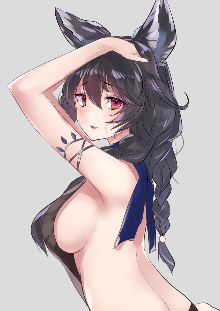 1girl absurdres animal_ears arm_up armpits bangs bare_shoulders bikini black_bikini black_hair blush braid breasts granblue_fantasy highres large_breasts long_hair looking_at_viewer natsu_(sinker8c) nier_(granblue_fantasy) red_eyes simple_background swimsuit