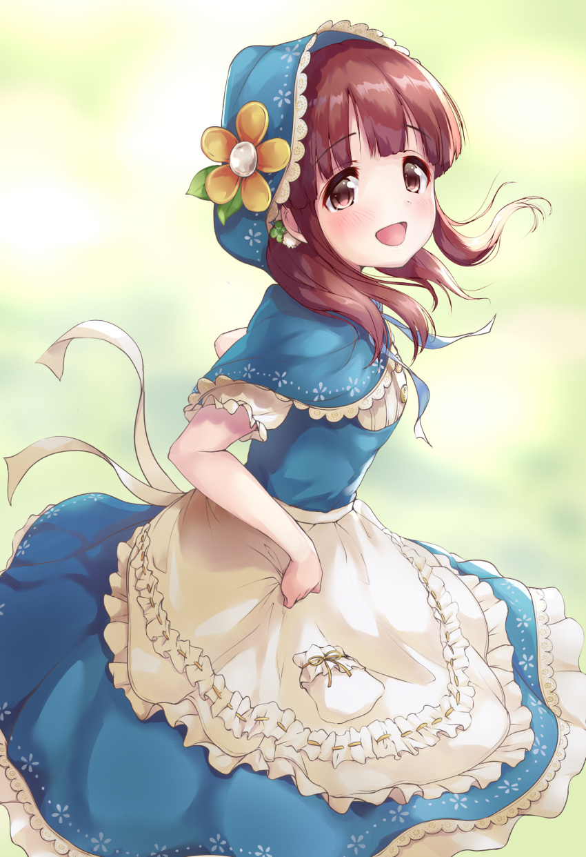 1girl :d apron bangs blue_capelet blue_dress blurry blurry_background blush brown_eyes brown_hair capelet commentary_request depth_of_field dress eyebrows_visible_through_hair flower frilled_apron frills highres hood hood_up hooded_capelet idolmaster idolmaster_cinderella_girls kuroba_aki long_hair looking_at_viewer ogata_chieri open_mouth puffy_short_sleeves puffy_sleeves shirt short_sleeves smile solo waist_apron white_apron white_shirt yellow_flower