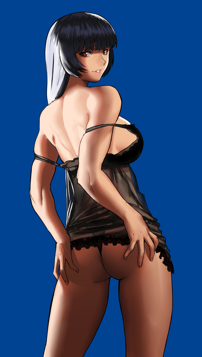 1girl absurdres ass back bangs bare_shoulders black_camisole black_hair black_panties blue_background borrowed_character breasts camisole cessa commentary commission english_commentary flat_ass friendly_mutton_chops hands_on_own_ass highres large_breasts lips long_hair looking_back off_shoulder panties red_eyes samantha_kirishima see-through shoulder_blades sideboob smile solo strap_slip thong thong_panties toned underwear wolves_of_gridiron