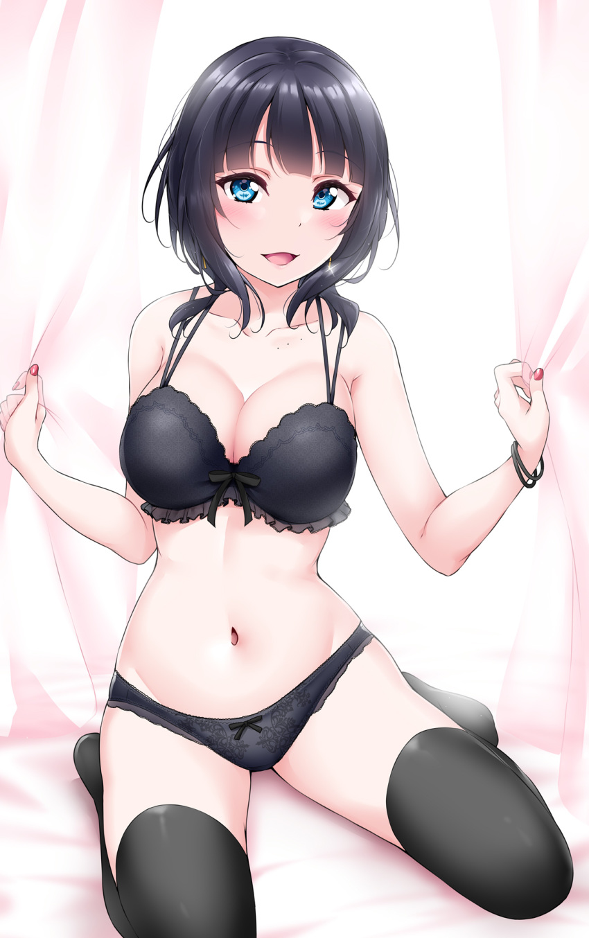 1girl :d asaka_karin bangs bare_arms black_bow black_hair black_legwear black_panties blue_eyes blunt_bangs blush bow bow_bra bow_panties bra bracelet breasts cleavage collarbone curtains floral_print frill_trim highres jewelry large_breasts looking_at_viewer love_live! love_live!_school_idol_festival love_live!_school_idol_festival_all_stars medium_hair mole nail_polish navel open_mouth panties see-through simple_background sitting sleeveless smile solo thighhighs underwear underwear_only wariza white_background yopparai_oni