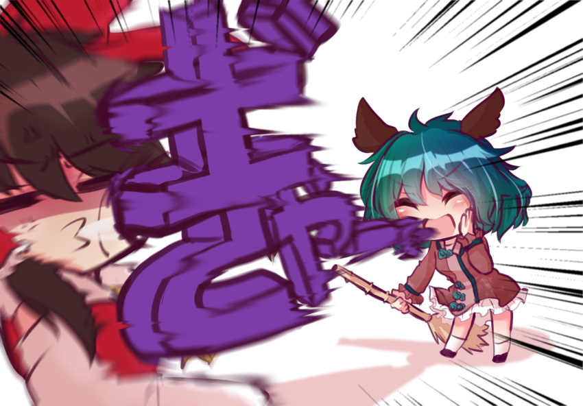 2girls :d =_= ^_^ ahoge anger_vein animal_ears bamboo_broom blush bow broom brown_dress brown_hair chibi closed_eyes detached_sleeves dog_ears dress emphasis_lines eyebrows_visible_through_hair frills full_body green_hair hair_between_eyes hair_bow hair_tubes hakurei_reimu hand_on_own_cheek heart_sutra holding holding_broom in_the_face japanese_clothes kasodani_kyouko long_sleeves loud miko motion_blur multiple_girls o3o open_mouth red_bow shaded_face short_hair shouting sidelocks simple_background smile spitting standing touhou translated unime_seaflower upper_body v-shaped_eyebrows white_background
