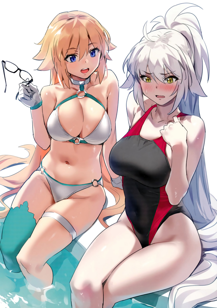 2girls :d absurdres adapted_costume ahoge aqua_legwear arm_support bangs bare_legs bare_shoulders bikini black-framed_eyewear black_swimsuit blonde_hair blue_eyes blush breasts cleavage collarbone competition_swimsuit covered_navel crossed_legs embarrassed eyebrows_visible_through_hair eyewear_removed fate/grand_order fate_(series) gloves grey_hair hair_between_eyes hand_on_own_chest high_ponytail highleg highleg_swimsuit highres holding holding_eyewear huge_filesize jeanne_d'arc_(alter_swimsuit_berserker) jeanne_d'arc_(fate)_(all) jeanne_d'arc_(swimsuit_archer) large_breasts long_hair looking_away looking_down multiple_girls navel nose_blush o-ring o-ring_bikini o-ring_bottom o-ring_top one-piece_swimsuit open_mouth pale_skin ponytail pool poolside round_teeth scan shiny shiny_hair shiny_skin simple_background single_thighhigh sitting smile soaking_feet stomach sweat swimsuit teeth thigh_strap thighhighs tied_hair upper_teeth v-shaped_eyebrows very_long_hair water white_background white_bikini white_gloves yang-do