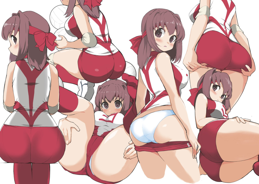 1girl ass ass_grab ball bangs blush brown_eyes brown_hair closed_mouth cropped_legs crotch_seam elbow_pads facing_away from_behind girls_und_panzer grabbing_own_ass hand_on_own_thigh headband highres holding holding_ball invisible_chair knee_pads kondou_taeko legs_up light_frown looking_at_viewer looking_back lying medium_hair multiple_views on_back on_side panties panty_peek pantylines parted_lips pulled_by_self red_headband red_legwear red_shirt red_shorts shirt shoes short_shorts shorts shorts_pull single_vertical_stripe sitting skindentation sleeveless sleeveless_shirt sneakers socks sportswear spread_legs squatting standing underwear volleyball volleyball_uniform white_background white_footwear white_panties yabai_gorilla