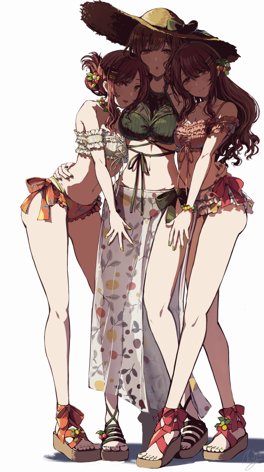 3girls :d :o arms_around_waist bangs bare_shoulders bikini blush bow brown_hair cherry_print collarbone cross-laced_bikini_top eyebrows_visible_through_hair floral_print food_print frill_trim frilled_bikini frills full_body green_bikini green_bow hair_between_eyes hair_ornament hairclip halterneck hand_on_another's_hip hat highres idolmaster idolmaster_shiny_colors jewelry kuwayama_chiyuki layered_bikini long_hair minyom multiple_girls multiple_straps nail_polish navel necklace off-shoulder_swimsuit off_shoulder oosaki_amana oosaki_tenka open_mouth open_toe_shoes sarong see-through siblings side-tie_bikini side_slit sidelocks simple_background smile straw_hat swimsuit toenail_polish white_background yellow_eyes