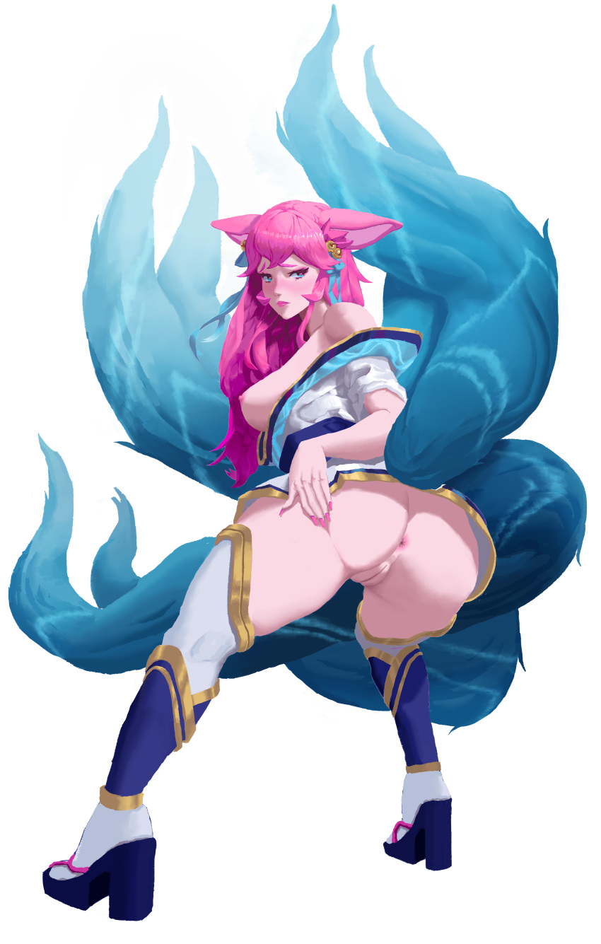 1girl absurdres ahri ass blush embarrassed heart heart-shaped_pupils high_heels highres league_of_legends pussy spirit_blossom_ahri symbol-shaped_pupils wjs07