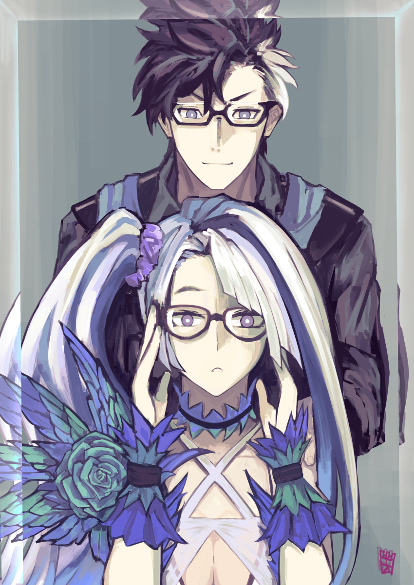 1boy 1girl absurdres adjusting_eyewear alternate_costume asymmetrical_hair bangs bespectacled black-framed_eyewear black_choker black_hair black_shirt blue_eyes blue_flower blue_hair blue_rose breasts bright_pupils brynhildr_(fate) choker cleavage cleavage_cutout closed_mouth commentary_request cross-laced_clothes dress_flower fate/grand_order fate_(series) flower glasses hands_on_another's_shoulders hands_up highres long_hair looking_at_another looking_at_viewer multicolored_hair ootato parted_bangs purple_eyes purple_scrunchie rose scrunchie semi-rimless_eyewear shirt side_ponytail sigurd_(fate/grand_order) streaked_hair summer two-tone_hair upper_body v-shaped_eyebrows white_hair white_pupils wrist_cuffs