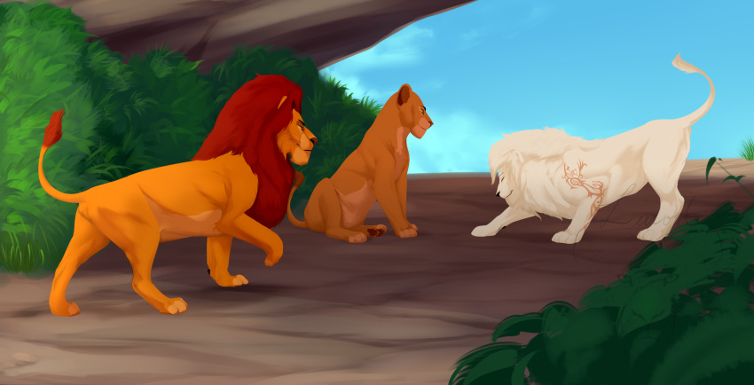 absurd_res balls disney felid female feral genitals group hi_res homage lion male mammal markings maskelyne mufasa pantherine pride_rock sarabi the_lion_king tribal_markings