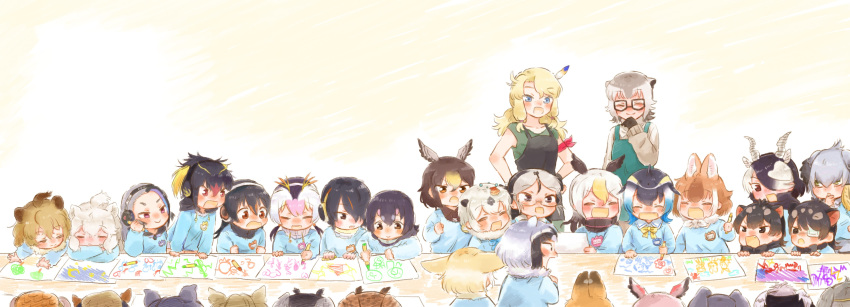 6+girls absurdres african_elephant_(kemono_friends) alternate_costume animal_ears antelope_ears antelope_horns apron arm_ribbon armadillo_ears australian_devil_(kemono_friends) bald_eagle_(kemono_friends) big_hair bird_wings black_apron black_gloves black_hair black_neckwear black_rhinoceros_(kemono_friends) blackbuck_(kemono_friends) blonde_hair blowhole blue_apron blue_eyes blush bow bowtie brown_hair brown_neckwear calenda_(kemono_friends) california_sea_lion_(kemono_friends) californian_sea_otter_(kemono_friends) child circlet closed_eyes collared_shirt commentary_request common_dolphin_(kemono_friends) common_raccoon_(kemono_friends) crayon crossed_arms dhole_(kemono_friends) dog_ears dog_girl dorsal_fin drawing elephant_ears emperor_penguin_(kemono_friends) eurasian_eagle_owl_(kemono_friends) extra_ears eyebrows_visible_through_hair eyepatch fang fennec_(kemono_friends) fingerless_gloves fox_ears fur_collar gentoo_penguin_(kemono_friends) giant_armadillo_(kemono_friends) giant_pangolin_(kemono_friends) giant_penguin_(kemono_friends) glasses gloves greater_flamingo_(kemono_friends) greater_rhea_(kemono_friends) green_eyes grey_hair hair_between_eyes hair_over_one_eye hair_tie hair_tubes head_wings headphones highres humboldt_penguin_(kemono_friends) kemono_friends kemono_friends_3 kindergarten_uniform lion_(kemono_friends) lion_ears lion_girl long_hair long_sleeves medical_eyepatch meerkat_(kemono_friends) meerkat_ears moeki_(moeki0329) multicolored_hair multiple_girls name_tag necktie northern_goshawk_(kemono_friends) northern_white-faced_owl_(kemono_friends) open_mouth orange_hair ostrich_(kemono_friends) otter_ears otter_girl pangolin_ears pink_hair raccoon_ears red_eyes rhinoceros_ears ribbon rockhopper_penguin_(kemono_friends) royal_penguin_(kemono_friends) sailor_collar serval_(kemono_friends) serval_ears shirt shoebill_(kemono_friends) short_hair short_twintails sleeping smile sweater t-shirt tasmanian_devil_(kemono_friends) tasmanian_devil_ears translated twintails white_hair white_rhinoceros_(kemono_friends) wings yellow_neckwear younger