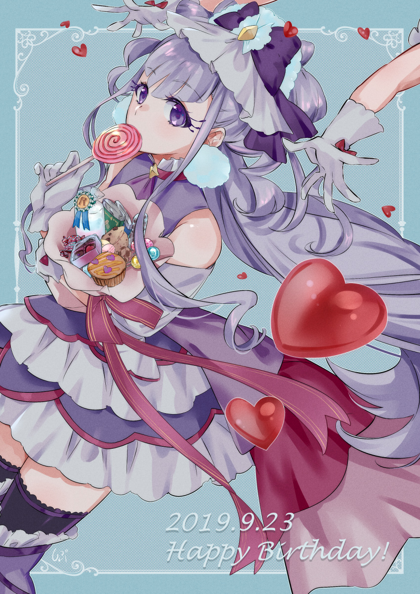 1girl 2019 bangs black_legwear blue_background boots bouquet bow cure_amour dated detached_sleeves dress eyebrows_visible_through_hair floating_hair flower frilled_boots frills gloves grey_gloves grey_sleeves hair_between_eyes hair_bow hair_ornament happy_birthday heart highres holding holding_bouquet hugtto!_precure layered_dress long_hair makeup mascara precure purple_bow purple_eyes purple_footwear purple_hair shipu_(gassyumaron) short_dress sleeveless sleeveless_dress solo_focus thigh_boots thighhighs very_long_hair zettai_ryouiki