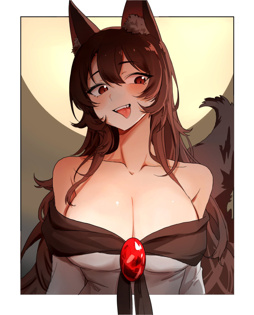 1girl animal_ear_fluff animal_ears breasts brooch brown_eyes brown_hair cleavage dress full_moon highres imaizumi_kagerou jewelry large_breasts long_hair long_sleeves moon off-shoulder_dress off_shoulder saple solo tail tongue tongue_out touhou upper_body upper_teeth very_long_hair white_dress wolf_ears wolf_tail