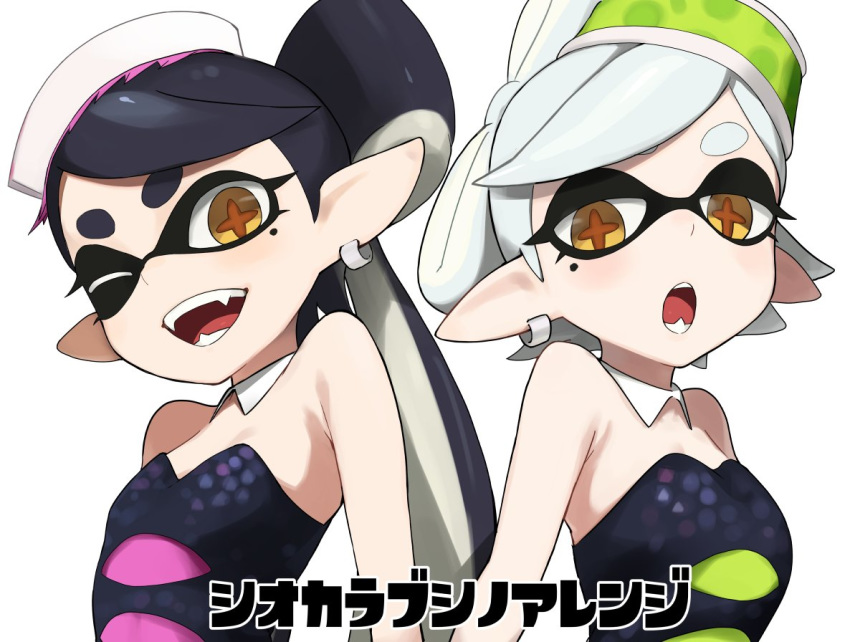 2girls accio aori_(splatoon) bare_shoulders black_hair collar commentary_request domino_mask earrings hair_ornament hotaru_(splatoon) jewelry looking_at_viewer mask mole mole_under_eye multiple_girls open_mouth splatoon_(series) symbol-shaped_pupils translation_request upper_body white_hair yellow_eyes