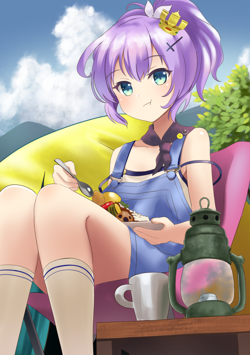 1girl :t absurdres alternate_costume anchor_symbol azur_lane blue_eyes blue_sky camping casual chair cloud cloudy_sky collarbone commentary_request contemporary crown cup curry curry_rice eating folding_chair food hair_ornament hair_ribbon hairpin highres holding holding_spoon javelin_(azur_lane) john_manjirou_(love-love-happy21) kneehighs lantern looking_at_viewer mini_crown mountain plate ponytail purple_hair ribbon rice short_hair sitting sky solo spoon strap_slip suspenders teacup tent white_legwear