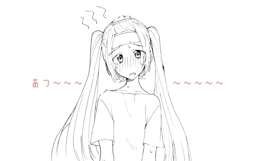 1girl agonasubi commentary furrowed_eyebrows hatsune_miku headband highres hot lineart long_hair looking_at_viewer open_mouth shirt sketch solo steam t-shirt tears translated twintails upper_body very_long_hair vocaloid white_background