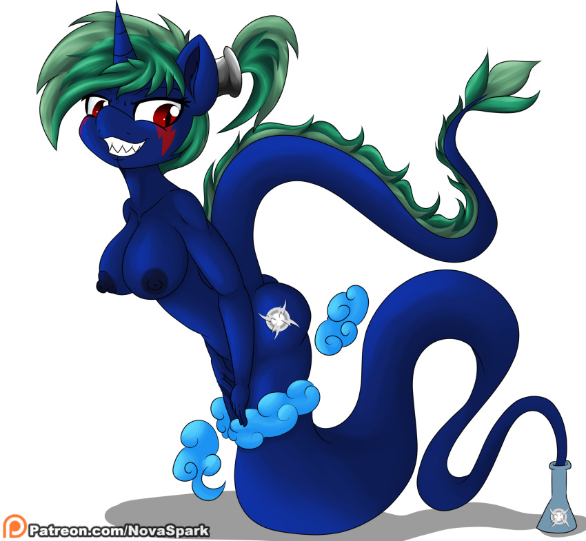 2020 absurd_res alpha_channel anthro bottle breasts equid equine fan_character female floating genie green_hair hair hand_on_leg hand_on_thigh hasbro hi_res horn inner_ear_fluff leaning leaning_forward mammal medium_breasts my_little_pony nipples nova_spark novaspark nude ponytail purple_body red_eyes sharp_teeth simple_background skinny_tail smile smoke solo tail_tuft teeth transparent_background tuft unicorn