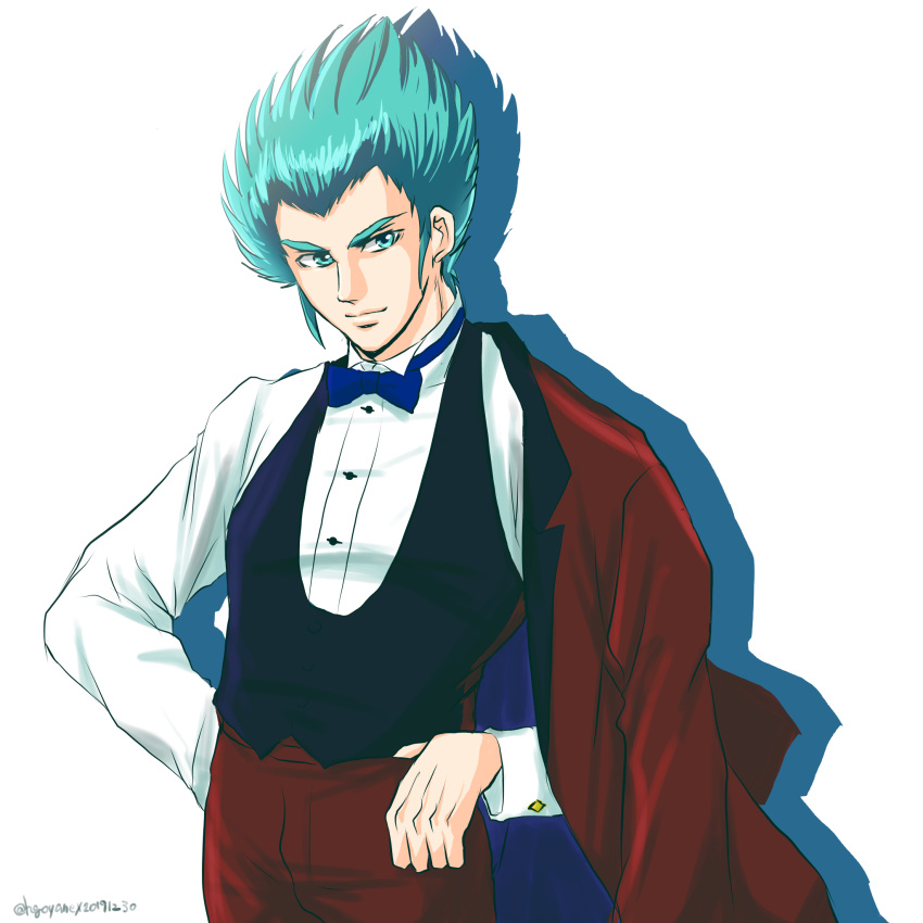 1boy arm_behind_back blue_eyes blue_hair cosplay hand_on_hip haran_banjou hgoyan highres looking_to_the_side muteki_koujin_daitarn_3 off-shoulder_jacket solo waiter