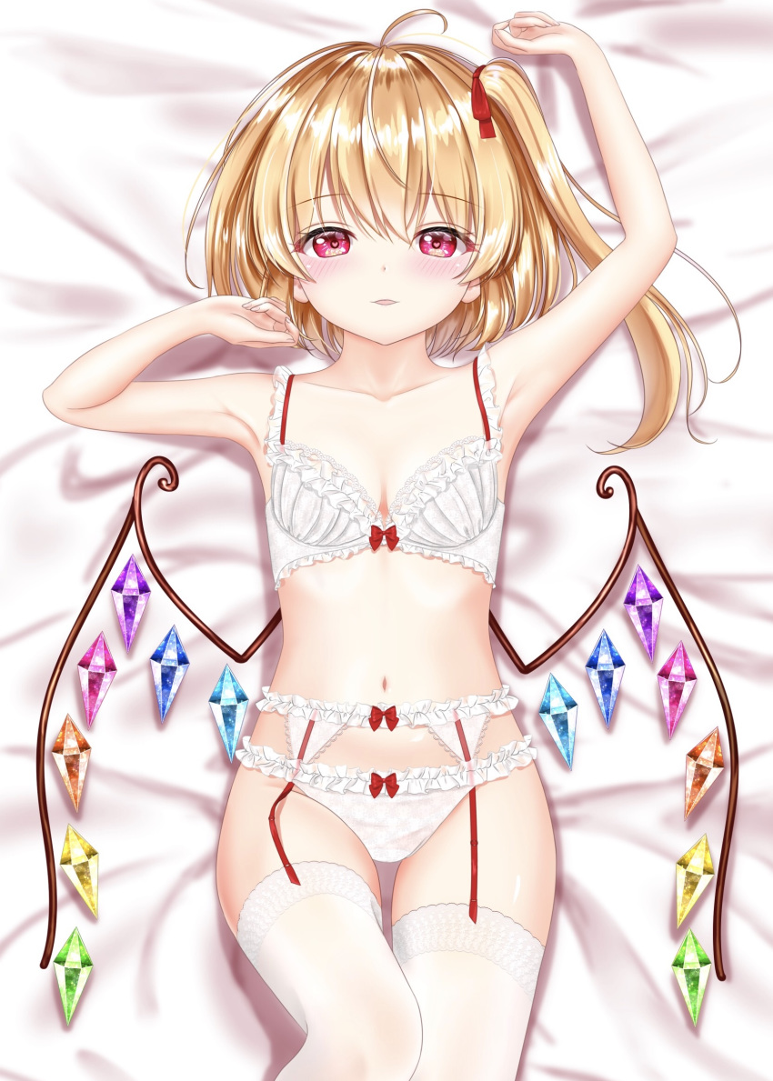 1girl ahoge armpits arms_up blonde_hair blush bra breasts cleavage collarbone commentary_request eyebrows_visible_through_hair flandre_scarlet garter_belt garter_straps hair_between_eyes hair_ribbon heart heart-shaped_pupils highres looking_at_viewer lying navel no_hat no_headwear nyanyanoruru on_back on_bed one_side_up panties parted_lips red_eyes ribbon shiny shiny_hair short_hair small_breasts solo symbol-shaped_pupils thighhighs touhou underwear underwear_only white_bra white_legwear white_panties wings