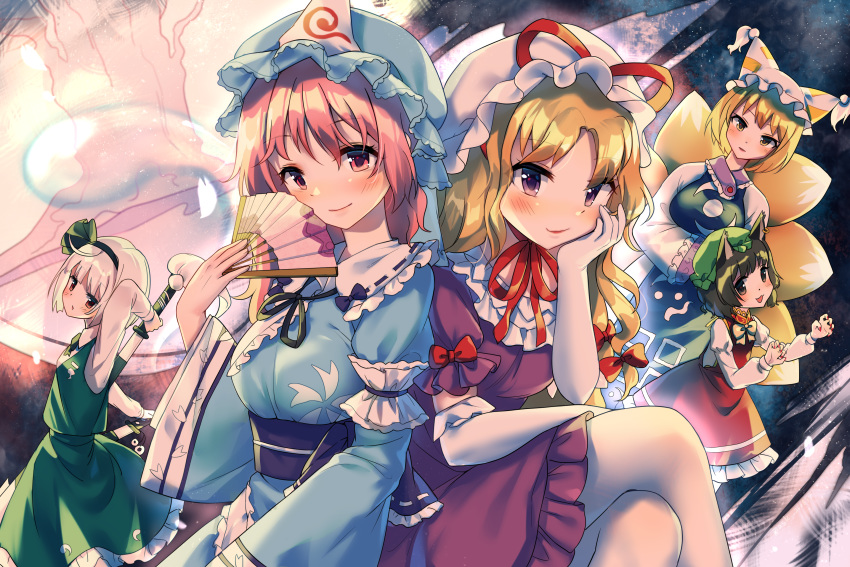 5girls absurdres animal_ears arm_behind_back arm_garter arm_rest arm_up back-to-back baozishark blonde_hair blue_headwear blue_kimono blush bow bowtie brown_eyes brown_hair cat_ears cat_tail chen claw_pose commentary crossed_legs dress elbow_gloves elbow_rest fan feet_out_of_frame folding_fan fox_tail gloves green_skirt green_vest hair_ribbon hat hat_ribbon head_in_hand head_tilt highres holding holding_fan holding_sword holding_weapon japanese_clothes kimono konpaku_youmu konpaku_youmu_(ghost) long_hair long_sleeves looking_at_viewer looking_back mixed-language_commentary mob_cap multiple_girls multiple_tails neck_ribbon obi pantyhose perfect_cherry_blossom pillow_hat pink_eyes pink_hair purple_dress purple_eyes red_eyes red_neckwear red_skirt red_vest ribbon saigyou_ayakashi saigyouji_yuyuko sash shirt short_hair short_sleeves silver_hair sitting skirt smile standing sword tabard tail touhou tree triangular_headpiece very_long_hair vest weapon white_gloves white_legwear white_shirt yakumo_ran yakumo_yukari yellow_eyes yellow_neckwear