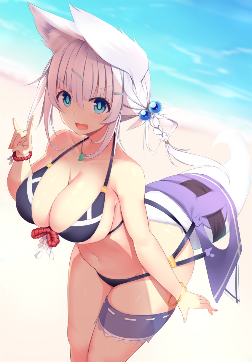 1girl animal_ears bangs beach bikini blue_bikini blue_eyes blunt_bangs bracelet breasts cleavage collarbone day dutch_angle eyebrows_visible_through_hair fox_ears fox_shadow_puppet fox_tail hair_ornament hairclip highres jewelry large_breasts leaning_forward looking_at_viewer navel original outdoors pendant short_hair solo sukage swimsuit tail thigh_strap white_hair