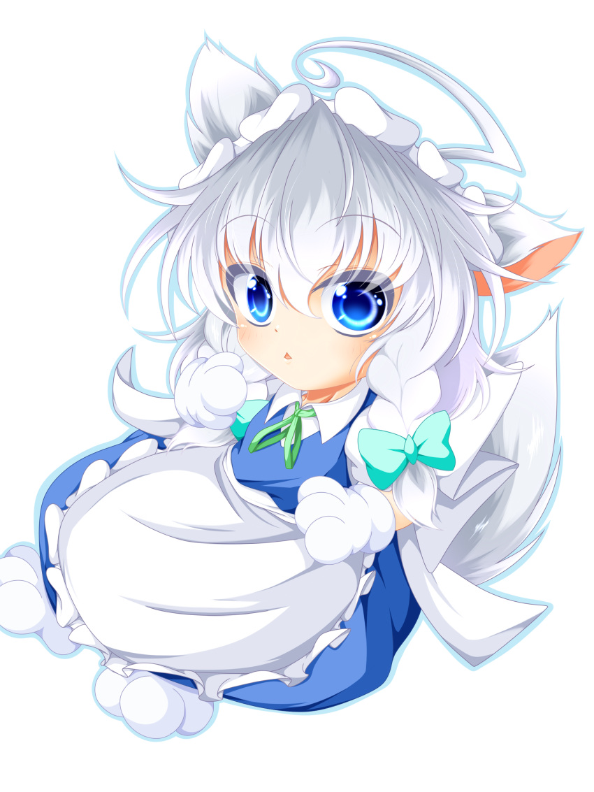 1girl absurdres ahoge animal_ears apron arm_up blue_skirt blue_vest braid chibi commentary_request dog_ears dog_tail eyebrows_visible_through_hair gloves hair_between_eyes hair_ribbon highres huge_ahoge inu_sakuya izayoi_sakuya looking_at_viewer maid maid_headdress muumuu_(sirufuruteienn) outline partial_commentary paw_gloves paws puffy_short_sleeves puffy_sleeves ribbon shirt short_sleeves silver_hair simple_background sitting skirt solo tail touhou tress_ribbon triangle_mouth twin_braids vest waist_apron white_background white_shirt