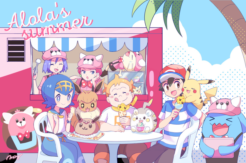 &gt;o&lt; 2girls 3boys animal_print baggy_pants baseball_cap bewear black_hair blue_eyes blue_pants blue_sky bow bowtie brown_eyes brown_pants closed_eyes commentary_request earrings eevee english_text food gen_1_pokemon gen_2_pokemon gen_7_pokemon hat highres holding holding_food ice_cream ice_cream_bar ice_cream_cone jewelry kojirou_(pokemon) lipstick makeup mamane_(pokemon) matching_outfit mei_(maysroom) meowth multiple_boys multiple_girls musashi_(pokemon) open_mouth orange_hair palm_tree pants pikachu pink_hair pokemon pokemon_(anime) pokemon_(creature) pokemon_sm_(anime) polka_dot polka_dot_bow satoshi_(pokemon) sharing_food shirt short_hair sky sparkling_eyes spiked_hair striped striped_shirt suiren_(pokemon) tagme togedemaru tree white_shirt wobbuffet |p