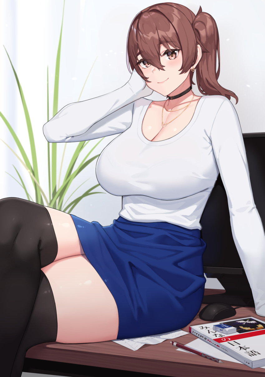 1girl arm_support black_legwear blue_skirt blush breasts brown_hair cleavage closed_mouth collarbone desk franham highres indoors jewelry kaga_(kantai_collection) kantai_collection large_breasts long_sleeves looking_at_viewer monitor mouse_(computer) necklace on_desk side_ponytail sitting sitting_on_desk skirt smile solo sweater thighhighs white_sweater