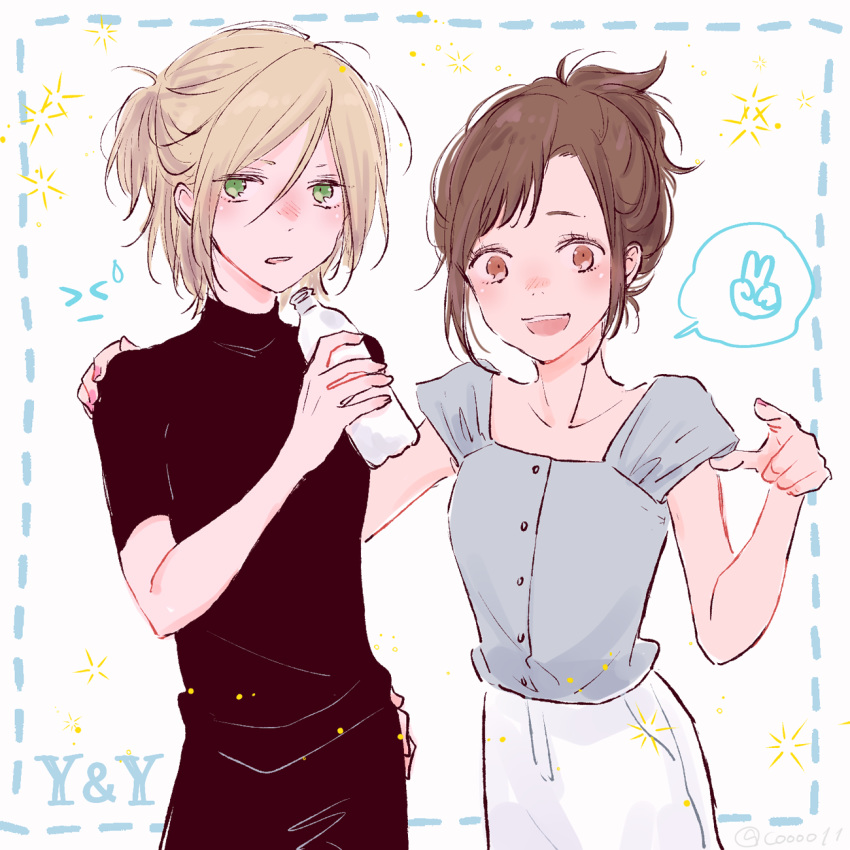 1boy 1girl blonde_hair bottle brown_eyes brown_hair green_eyes half_updo hand_on_another's_shoulder hand_on_hip highres kou_(coo00) nishigoori_yuuko open_mouth pink_nails ponytail skirt smile speech_bubble twitter_username water_bottle yuri!!!_on_ice yuri_plisetsky