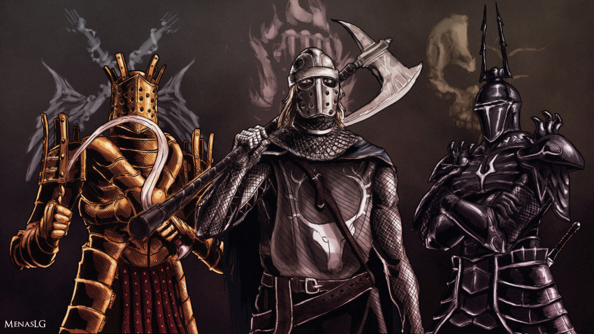 3boys arm_at_side armor artist_name axe belt black_armor black_background black_eyes blue_cape breastplate cape chainmail creighton_of_mirrah crossed_arms dark_souls dark_souls_ii demon's_souls english_commentary facing_viewer faulds gauntlets gold_armor helmet highres holding holding_axe holding_weapon horned_helmet knight knight_lautrec_of_carim looking_at_viewer male_focus medium_hair menaslg multiple_boys over_shoulder pauldrons sheath sheathed shotel shoulder_armor simple_background souls_(from_software) surcoat sword symbol thumbs_up upper_body weapon white_hair yurt_the_silent_chief