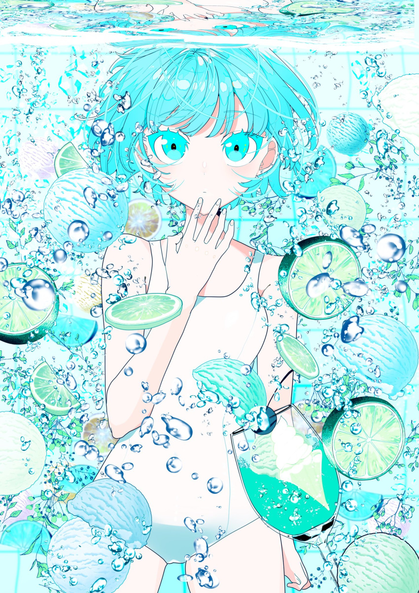 air_bubble aqua_eyes aqua_hair bare_arms bare_shoulders bubble closed_mouth cowboy_shot cup drinking_glass eyebrows_visible_through_hair food fruit hand_up highres ice_cream lime_(fruit) lime_slice mint one-piece_swimsuit original plant short_hair swimsuit underwater watariganikun white_swimsuit wine_glass