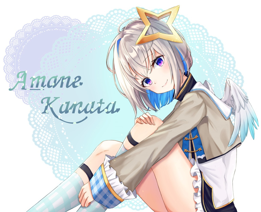 1girl amane_kanata angel_wings blue_eyes blue_hair brown_jacket character_name closed_mouth colored_inner_hair cropped_jacket eyebrows_visible_through_hair feet_out_of_frame frill_trim frilled_skirt frills halo head_tilt hololive jacket kottungyang light_smile long_sleeves looking_at_viewer mini_wings miniskirt multicolored_hair purple_eyes raised_eyebrows sailor_collar school_uniform serafuku short_hair silver_hair sitting skirt smile socks solo virtual_youtuber white_wings wings