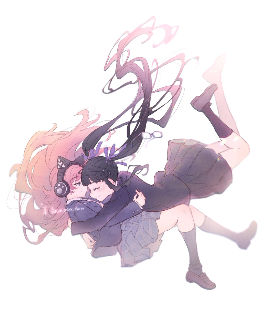 2girls bang_dream! bangs black_footwear black_jacket black_legwear black_skirt cat_ear_headphones chu2_(bang_dream!) closed_eyes english_text eyewear_removed glasses glomp grin hair_ribbon headphones highres hug jacket kneehighs loafers long_hair long_sleeves multiple_girls navy_blue_jacket pareo_(bang_dream!) pleated_skirt purple_ribbon ribbon school_uniform shiontaso shoes sidelocks skirt smile tears twintails very_long_hair white_background yuri