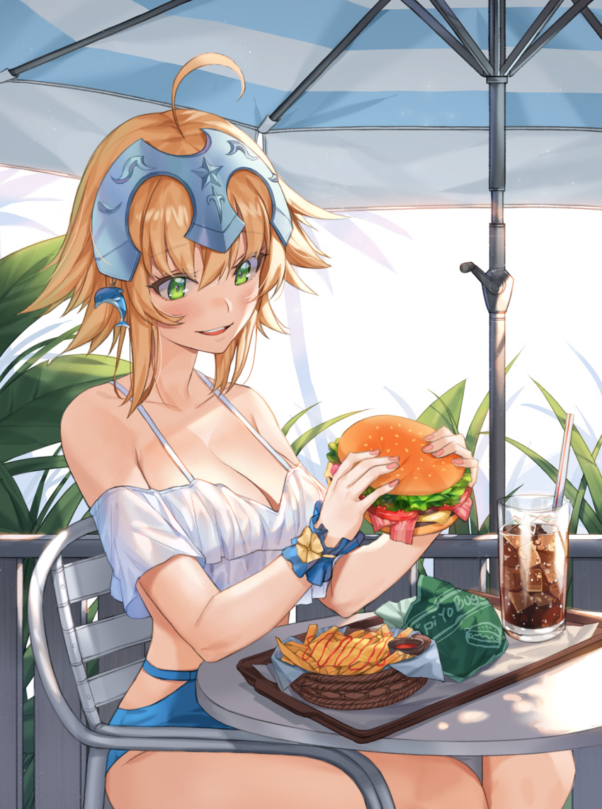 1girl alternate_costume blonde_hair blush breasts chair cup dolphin dolphin_hair_ornament drink drinking_glass fate/grand_order fate_(series) food french_fries green_eyes hamburger headpiece highres jeanne_d'arc_(fate) jeanne_d'arc_(fate)_(all) jeanne_d'arc_(swimsuit_archer) light_blush medium_hair outdoors piyo_(pixiv_2308057) smile table