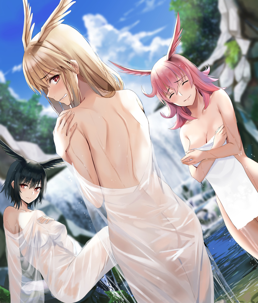 3girls ass bangs black_hair blonde_hair blush breasts day expressionless eyebrows_visible_through_hair fate/grand_order fate_(series) hair_between_eyes head_wings highres hildr_(fate/grand_order) long_hair looking_at_viewer medium_breasts multiple_girls naked_towel nicky_w nude ortlinde_(fate/grand_order) outdoors parted_lips pink_hair red_eyes see-through short_hair sitting smile thighs thrud_(fate/grand_order) towel valkyrie_(fate/grand_order) wading water waterfall wet