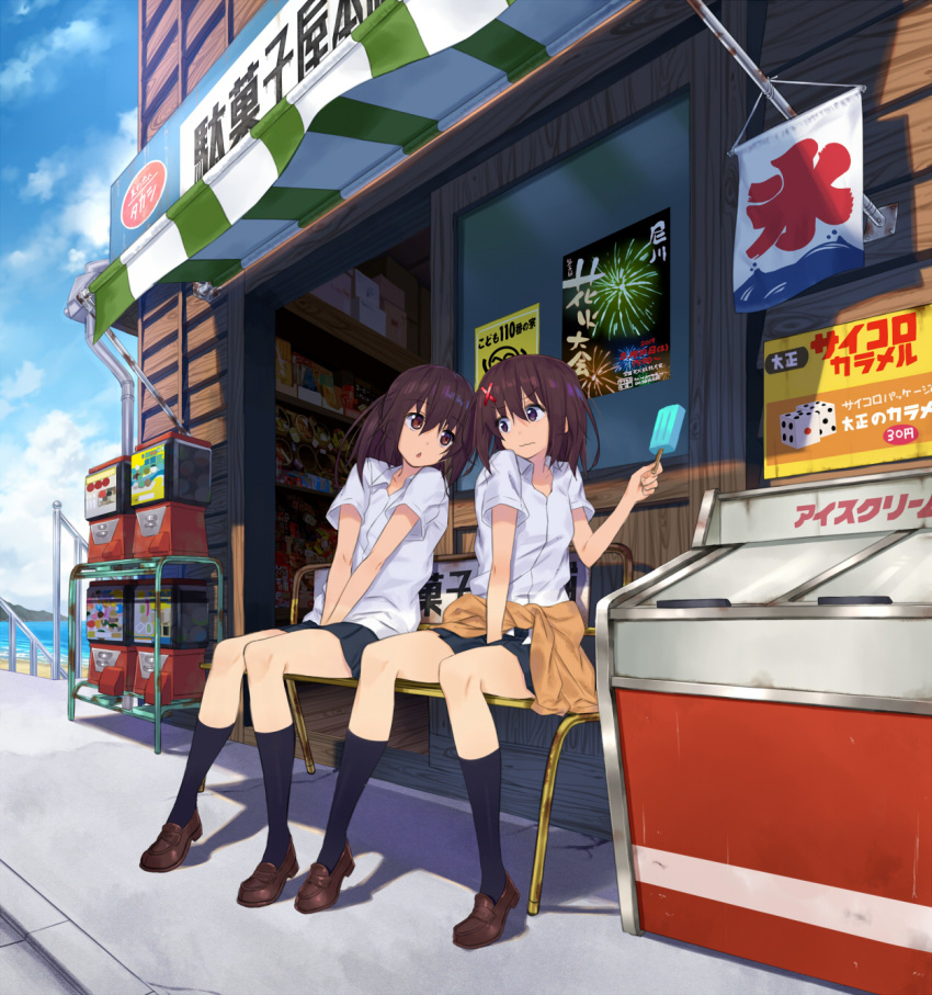 2girls :o awning bench between_legs black_legwear brown_eyes brown_footwear brown_hair chestnut_mouth clothes_around_waist collared_shirt dice dress_shirt eye_contact fireworks food gashapon_machine hair_between_eyes hair_ornament hand_between_legs highres holding kneehighs knees_together_feet_apart kooribata loafers looking_at_another medium_hair miniskirt multiple_girls nakama_daichi navy_blue_legwear original outdoors popsicle purple_eyes school_uniform shadow shirt shoes shop short_sleeves siblings side-by-side sign sisters sitting skirt storefront sunlight sweater sweater_around_waist uniform v_arms wavy_mouth white_shirt x_hair_ornament