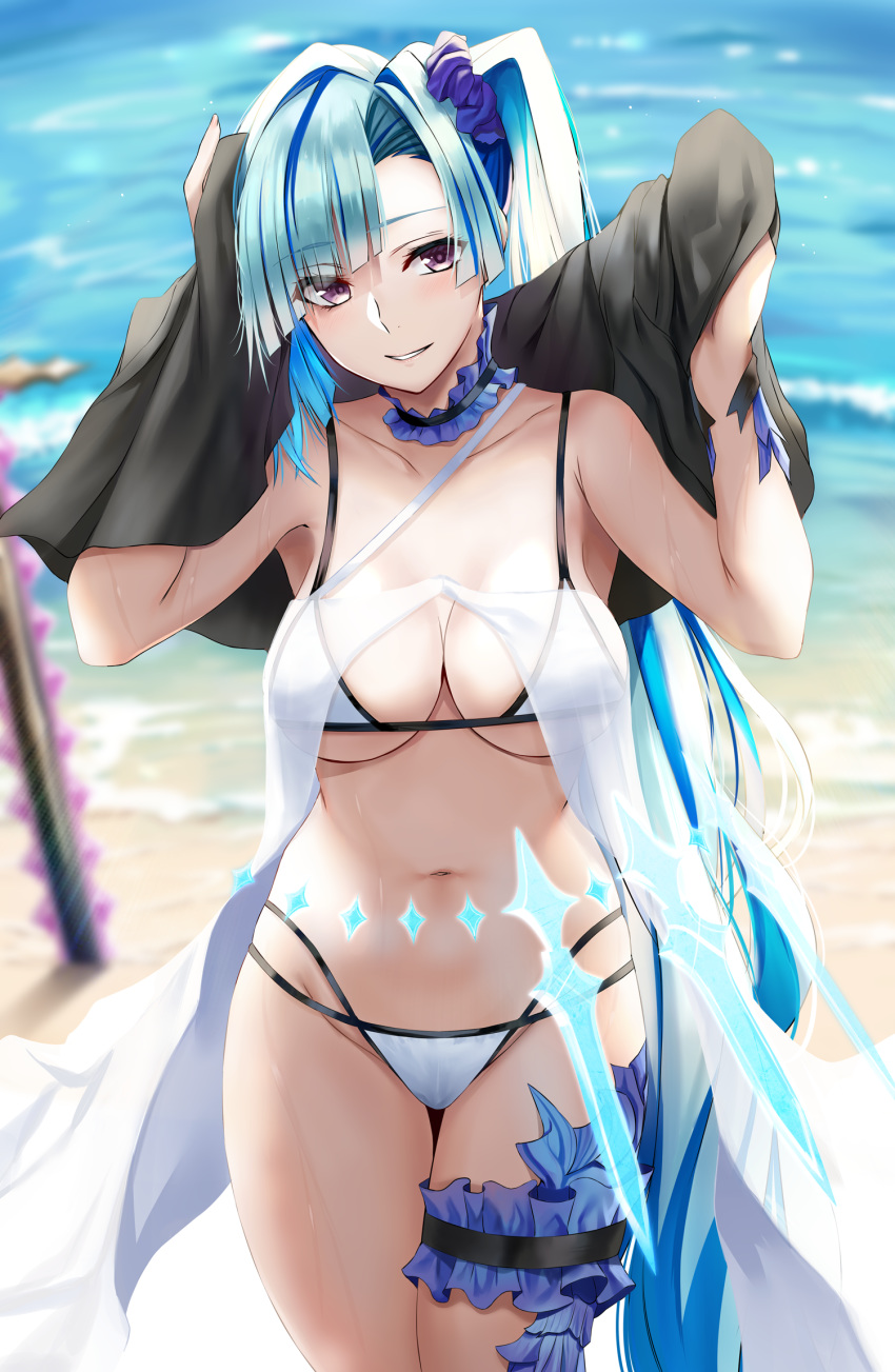1girl asymmetrical_bangs bangs bare_shoulders beach bikini blue_hair blush breasts character_request cleavage collarbone cowboy_shot day eyebrows_visible_through_hair fate/grand_order fate_(series) hair_ornament hair_scrunchie head_tilt highres large_breasts leg_garter long_hair looking_at_viewer navel neck_garter nicky_w ocean one_side_up outdoors parted_lips planted_sword planted_weapon purple_eyes scrunchie see-through smile solo stomach swimsuit sword thighs towel very_long_hair water weapon white_bikini