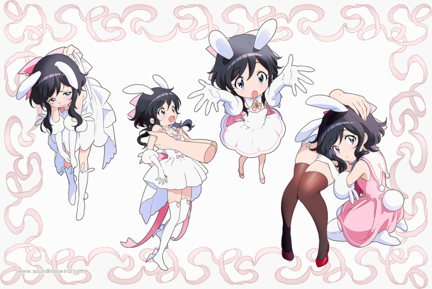 1girl animal_ears bare_shoulders black_hair boots bow brooch bunny_ears bunny_tail closed_mouth commentary crying detached_collar disembodied_limb dress elbow_gloves english_commentary eyebrows_visible_through_hair gloves hair_bow hand_on_another's_head jewelry kaze-hime knee_boots lap_pillow multiple_views no_shoes original outstretched_arms pikkorin_bunny_(kaze-hime) pink_dress pink_footwear purple_eyes reaching_out seiza shoes sitting sleeveless sleeveless_dress surprised tail tears thighhighs watermark web_address white_dress white_footwear white_gloves white_legwear
