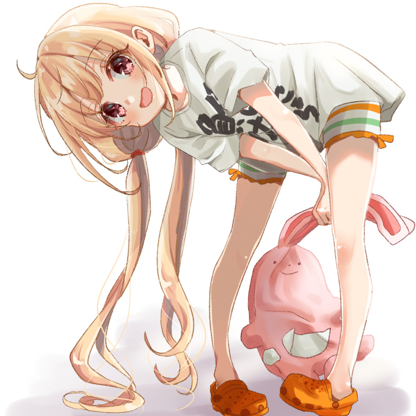 1girl bangs bent_over blonde_hair clothes_writing commentary_request eyebrows_visible_through_hair futaba_anzu highres holding holding_stuffed_animal idolmaster idolmaster_cinderella_girls long_hair looking_at_viewer low_twintails open_mouth orange_footwear pink_eyes rino_cnc shirt short_sleeves simple_background smile solo standing stuffed_animal stuffed_bunny stuffed_toy t-shirt twintails white_background you_work_you_lose