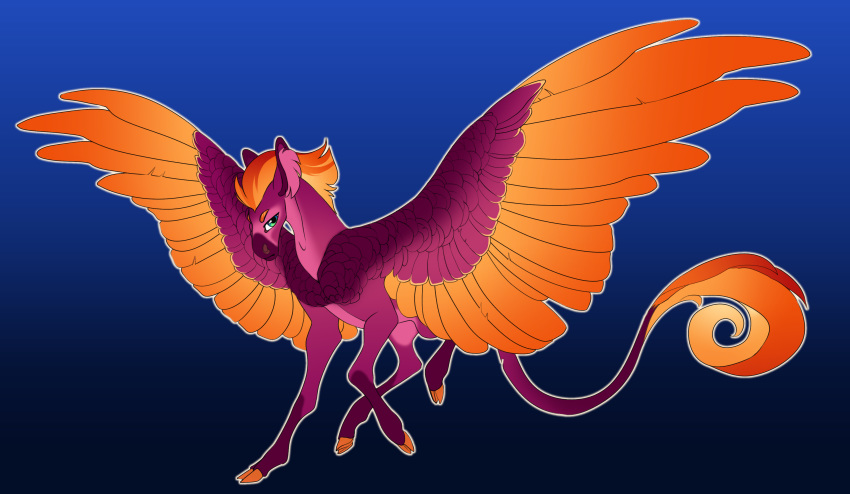 2020 absurd_res digital_media_(artwork) equid equine feathered_wings feathers female feral green_eyes hair hi_res hooves mammal orange_body orange_feathers orange_hair pegasus simple_background solo turnipberry wings