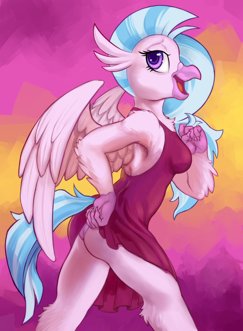 anthro anthrofied avian blue_hair clothed clothing clothing_lift cocktail_dress dress dress_lift european_mythology feathered_wings feathers friendship_is_magic greek_mythology hair hasbro hi_res hippogriff hobbes_maxwell my_little_pony mythological_avian mythology panties pose purple_eyes silverstream_(mlp) solo talons underwear wings