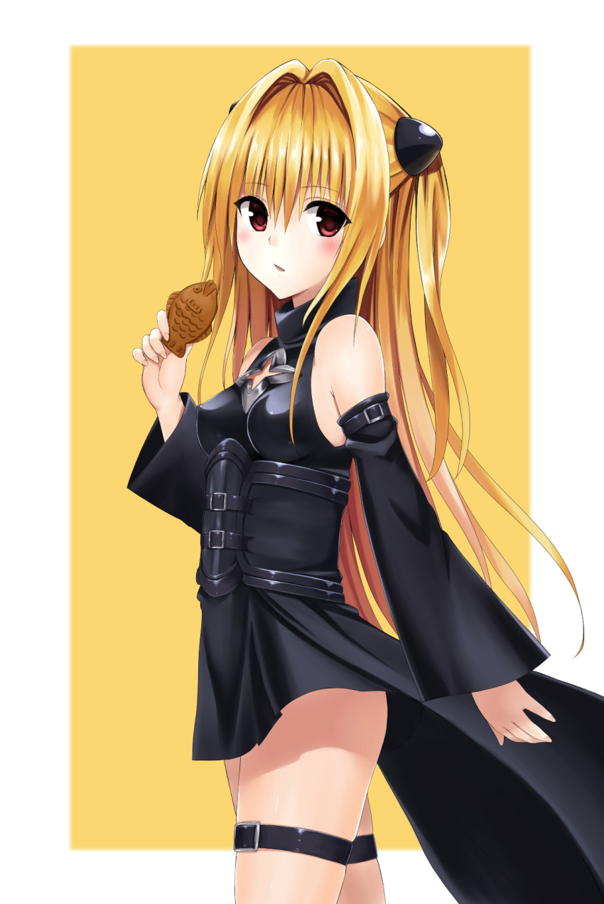 1girl bare_shoulders blonde_hair blush covered_nipples detached_sleeves eyebrows_visible_through_hair fingernails food food_request hair_between_eyes highres holding holding_another's_hair konjiki_no_yami parted_lips red_eyes skyks solo thigh_strap to_love-ru to_love-ru_darkness two-tone_background yellow_background